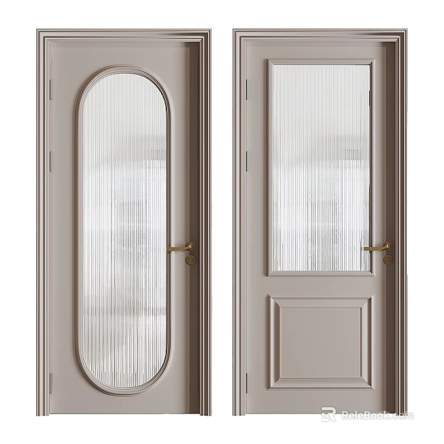 Modern Interior Swing Door Design With Ribbed Glass Panel And Brass Handle 3d model 