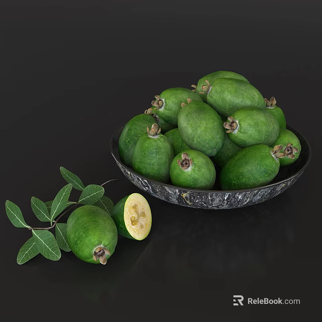 Fresh Ripe Green Feijoas in Black Bowl with Leaves and Sliced Fruit 3d model 