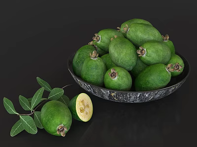 Fresh Ripe Green Feijoas in Black Bowl with Leaves and Sliced Fruit 3d model