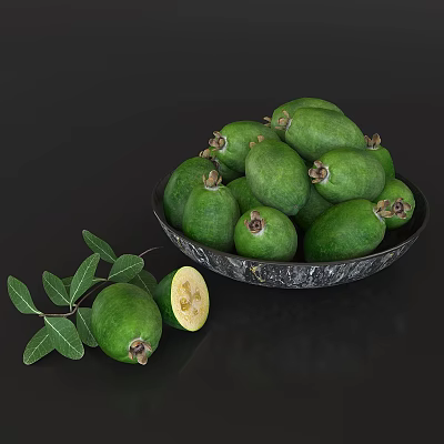 Fresh Ripe Green Feijoas in Black Bowl with Leaves and Sliced Fruit 3d model