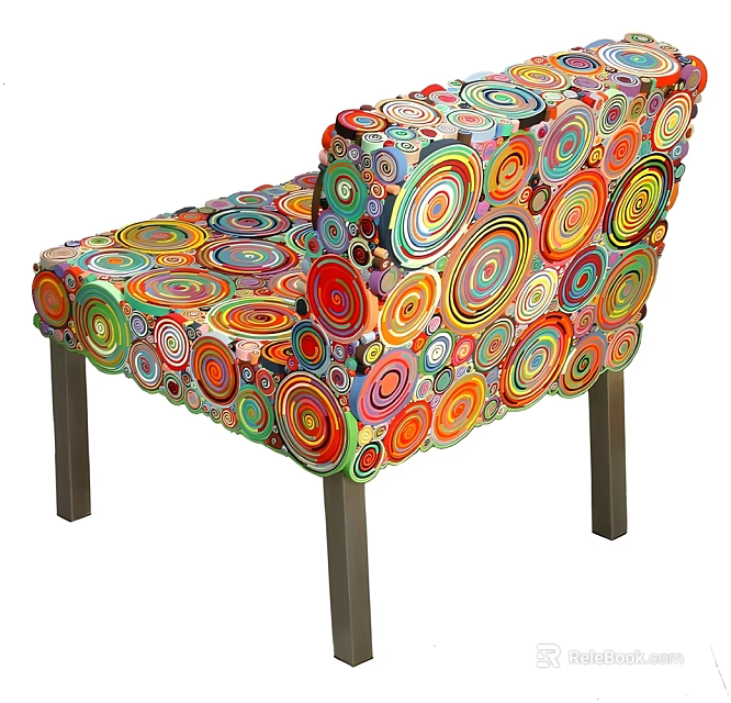 Vibrant Accent Chair with Multicolored Circular Patterns and Wooden Legs 3d model 