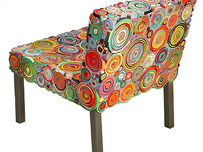 Vibrant Accent Chair with Multicolored Circular Patterns and Wooden Legs 3d model