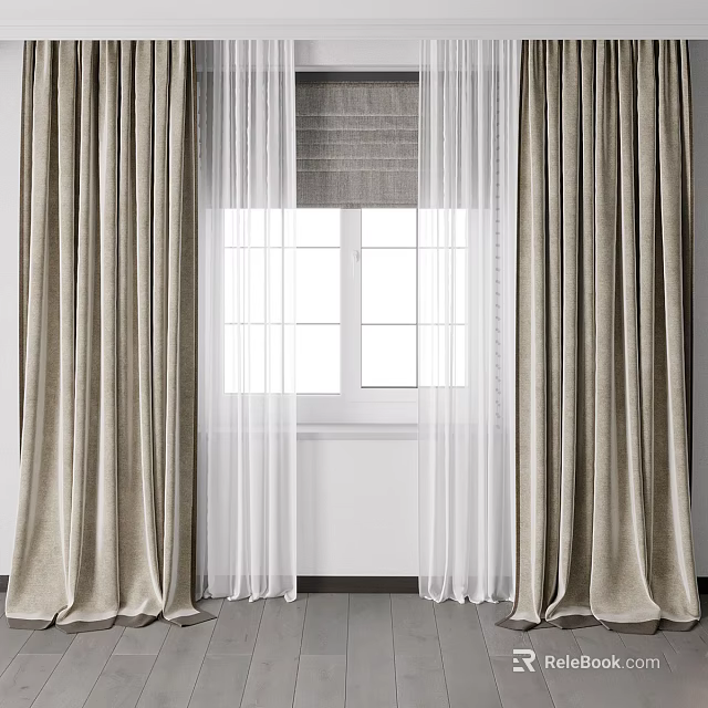 Beige Linen Curtains With White Sheer Panels For Modern Window Decoration 3d model 