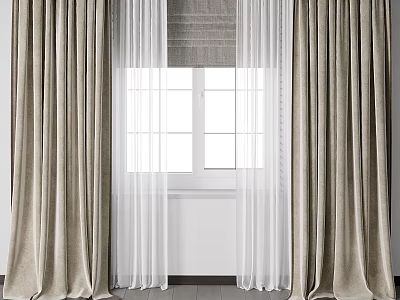Beige Linen Curtains With White Sheer Panels For Modern Window Decoration 3d model