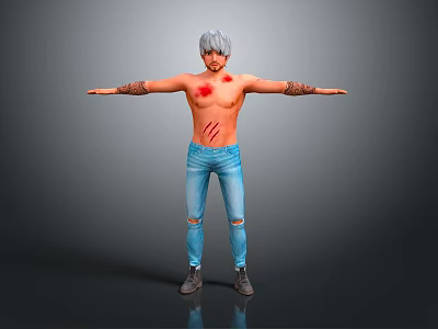 Gray Haired Male Character With Chest Scars And Ripped Jeans Standing 3d model