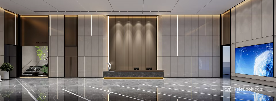 Modern Hotel Lobby Interior Design With Reception Desk And Marble Floor 3d model 