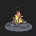 Bonfire Scene With Burning Flames Stacked Logs Stones And Circular Wooden Base