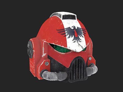 Red Mechanical Helmet With Black Eagle Emblem White Section Green Visor And Vent 3d model