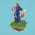 Cute Fantasy Fox Mage Character In Blue Robe With Staff On Floating Island