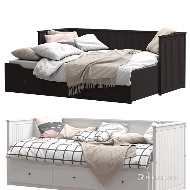 Black and White Children's Bed with Modern Wooden Frame Storage Drawers and Safety Rail 3d model 