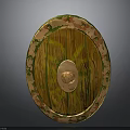 Medieval Wooden Shield With Decorative Ornate Edges Central Metal Boss Green And Orange Patterns