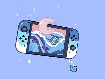 Blue Handheld Game Console With Moon Waves Seashell Screen Display And Stars Charm 3d model