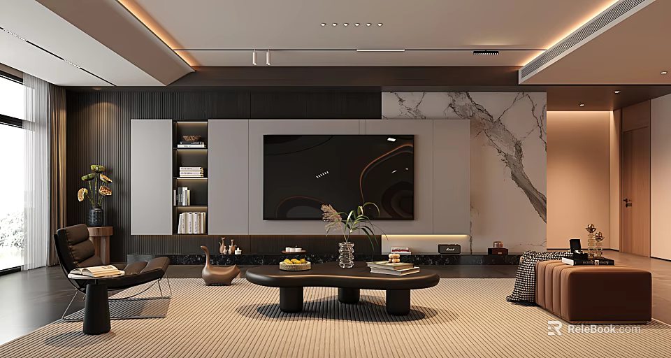 Modern Living Room Interior Design With Marble TV Wall Bookshelf Coffee Table And Sofa 3d model 