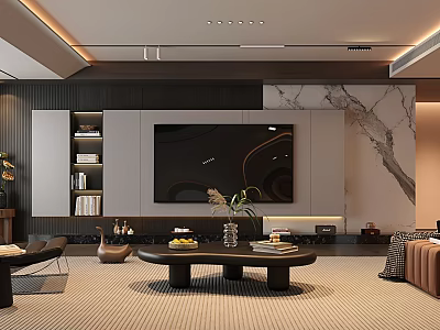 Modern Living Room Interior Design With Marble TV Wall Bookshelf Coffee Table And Sofa 3d model