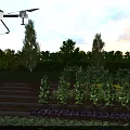 Drone Flying Over Farmland With Flat Door And Vegetable Beds At Sunset