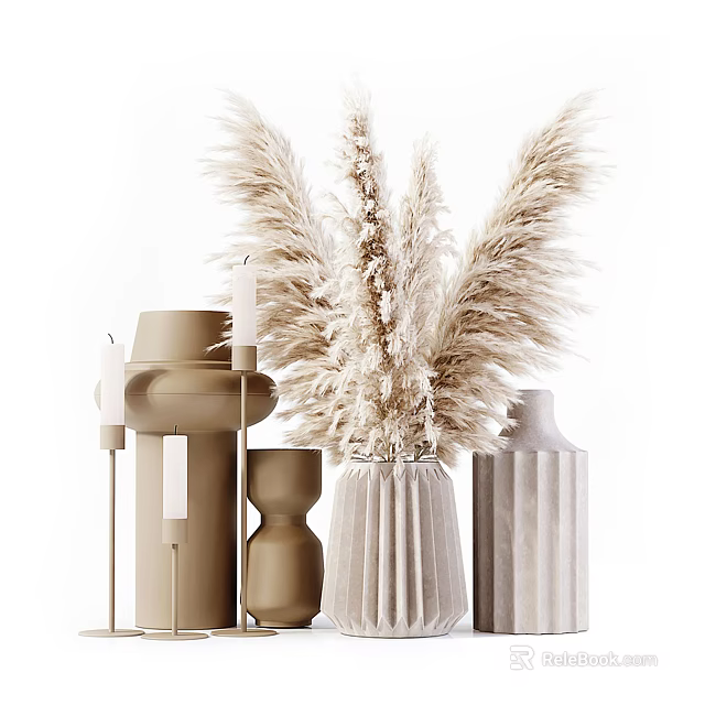 Stylish Textured Vases With Fluffy Dried Pampas Grass For Modern Home Decor 3d model 