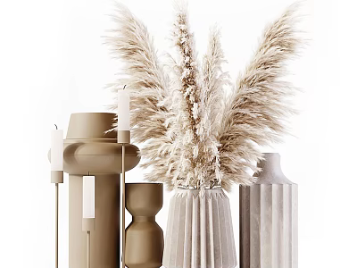 Stylish Textured Vases With Fluffy Dried Pampas Grass For Modern Home Decor 3d model