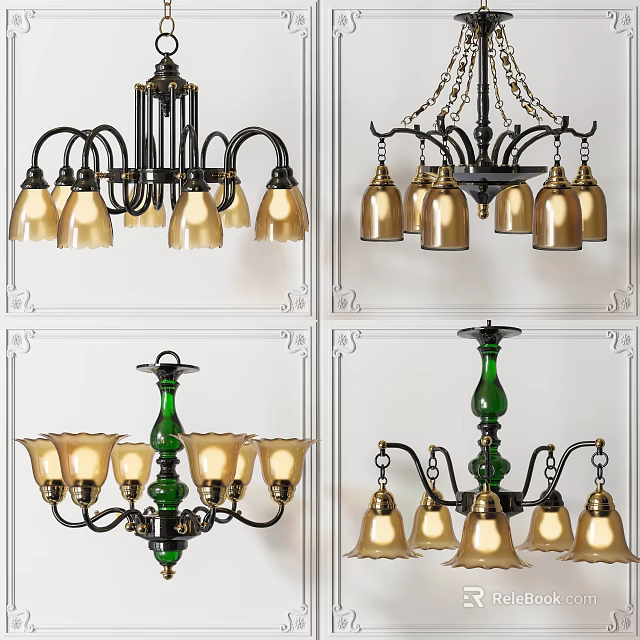 Chandeliers Featuring Golden Lamp Shades and Green Bases in Vintage Modern Design 3d model 