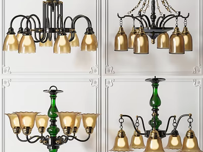 Chandeliers Featuring Golden Lamp Shades and Green Bases in Vintage Modern Design 3d model