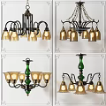 Chandeliers Featuring Golden Lamp Shades and Green Bases in Vintage Modern Design