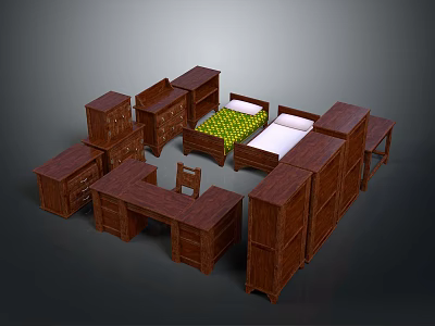 Wooden Bedroom Furniture Set With Bed Desk Wardrobe Chair And Nightstand 3d model