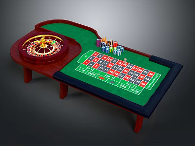 Entertainment Table With Roulette Wheel Colorful Chips Green Felt Surface And Wooden Legs 3d model