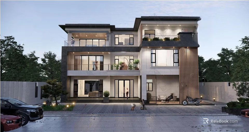 Modern Two Story Detached Villa With Large Glass Windows Balcony Plants And Front Driveway 3d model 