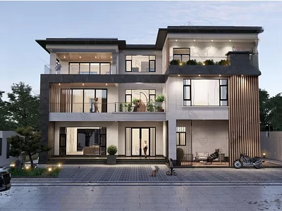 Modern Two Story Detached Villa With Large Glass Windows Balcony Plants And Front Driveway 3d model