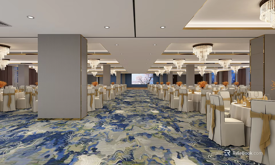 Luxurious Banquet Hall Interior Design With Elegant Chandeliers White Tablecloths And Patterned Carpet 3d model 