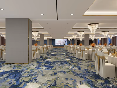 Luxurious Banquet Hall Interior Design With Elegant Chandeliers White Tablecloths And Patterned Carpet 3d model