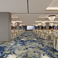 Luxurious Banquet Hall Interior Design With Elegant Chandeliers White Tablecloths And Patterned Carpet