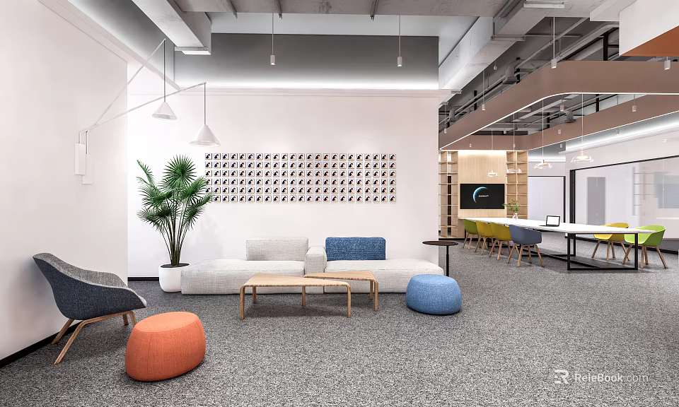 Casual Lounge Area With Comfortable Sofa Colorful Ottomans Wooden Coffee Table Potted Plant And Wall Decor 3d model 