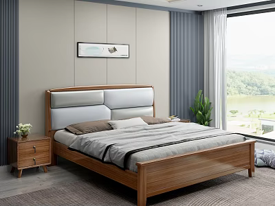 Double Bed with Wooden Upholstered Headboard Nightstand Potted Plant Decorative Painting Large Window View 3d model