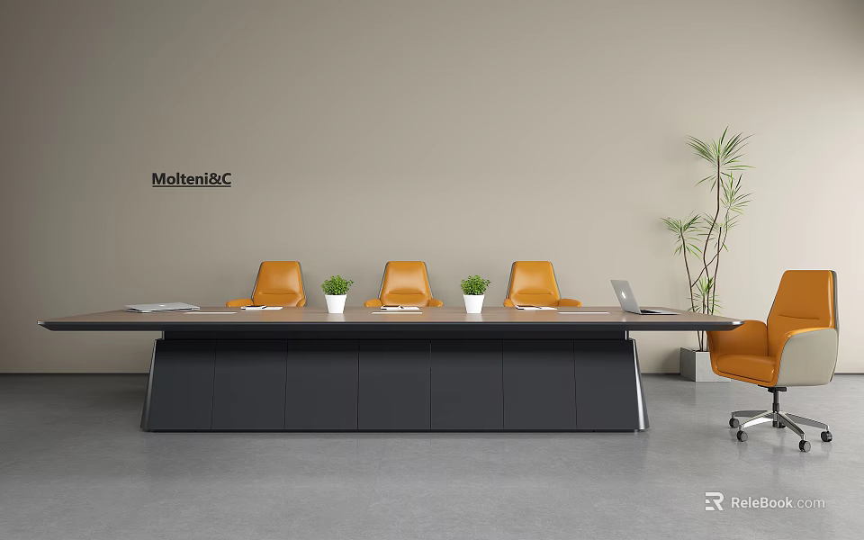Modern Black Conference Table with Orange Chairs Green Plants and Laptop in Office 3d model 