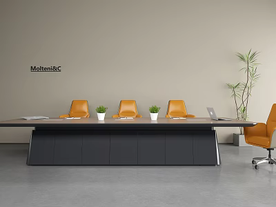 Modern Black Conference Table with Orange Chairs Green Plants and Laptop in Office 3d model