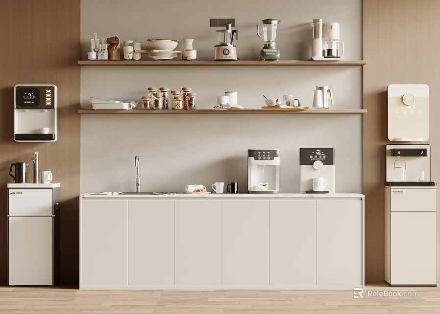 Modern Open Kitchen Interior Design With Island Counter And Kitchen Appliances 3d model 