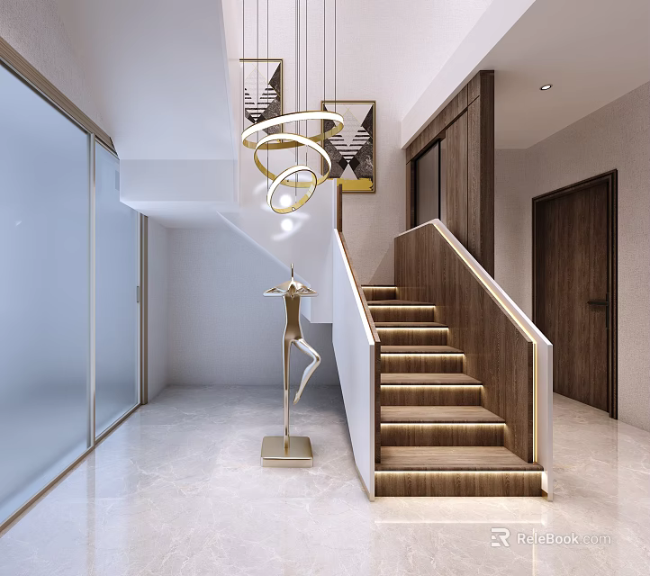 Modern Interior Design With Staircase Hanging Lamp Floor Lamp And Marble Floor 3d model 
