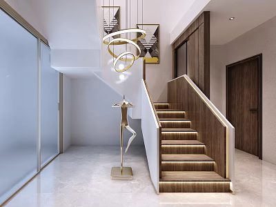 Modern Interior Design With Staircase Hanging Lamp Floor Lamp And Marble Floor 3d model