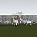 Stainless Steel Deer Sculpture Arrangement on Outdoor Lawn with Trees and Golden Striped Wall