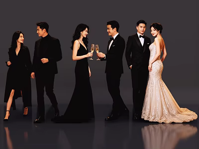 Group of People in Formal Attire Holding Champagne Glasses at Elegant Event 3d model