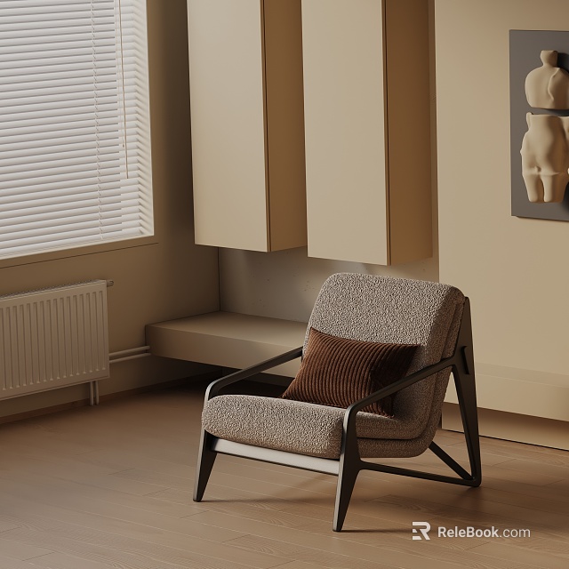 Comfortable Accent Chair In Cozy Living Nook With Wooden Louvered Window And Beige Cabinets 3d model 