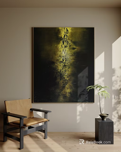 Black Yellow Abstract Painting On Wall With Vertical Texture Brown Chair Green Plant And Sunlight 3d model 