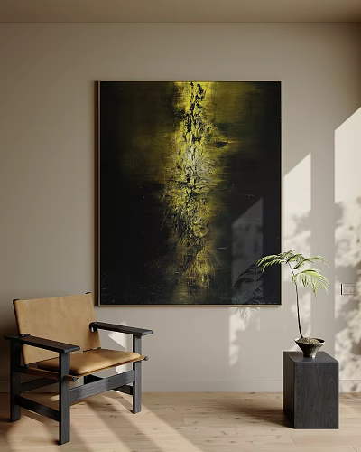 Black Yellow Abstract Painting On Wall With Vertical Texture Brown Chair Green Plant And Sunlight 3d model