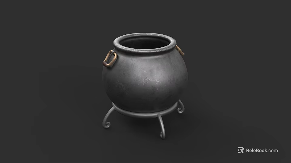 Vintage Metal Cauldron With Decorative Ring Handles And Iron Stand Base 3d model 