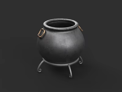 Vintage Metal Cauldron With Decorative Ring Handles And Iron Stand Base 3d model