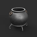 Vintage Metal Cauldron With Decorative Ring Handles And Iron Stand Base
