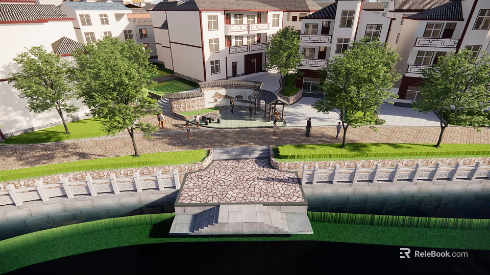 Modern Residential Area Landscape With White Buildings Trees Green Lawns And Stone Pathways 3d model 