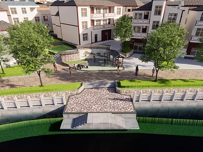 Modern Residential Area Landscape With White Buildings Trees Green Lawns And Stone Pathways 3d model