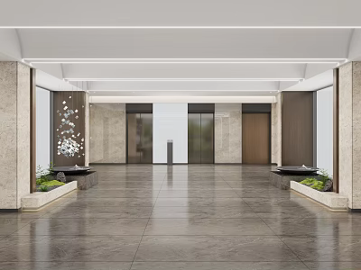 Modern Elevator Lobby Interior Design With Marble Flooring And Wall Decor 3d model