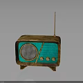 Vintage Radio Wooden Frame Turquoise Panel With Antenna And Knobs On Reflective Surface